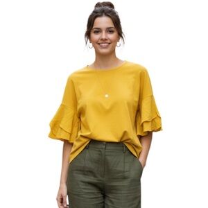 COS Mustard Yellow‎ Petal Flutter Cotton Short Sleeve T-Shirt